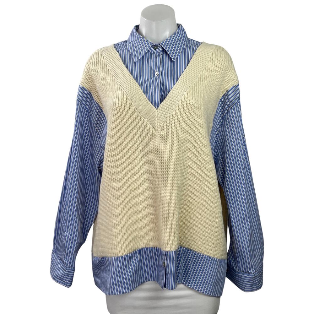 Zara Women's Cream Blue Long Sleeve Striped Contrast Shirt Sweater Top Size XS